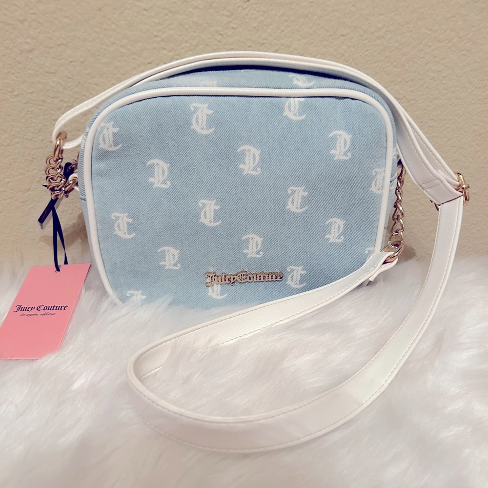 NWT Juicy Couture Bestseller Camera Crossbody Denim/ White
